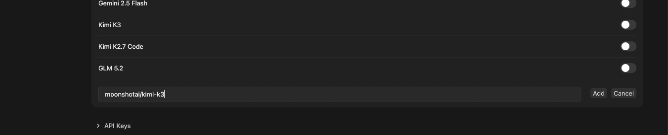 Cursor Settings → Models: в поле Add введён moonshotai/kimi-k3, кнопки Add и Cancel